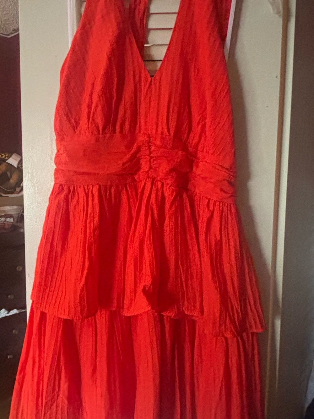 BCX Backless Tiered Mini Dress in Bright Red/Orange